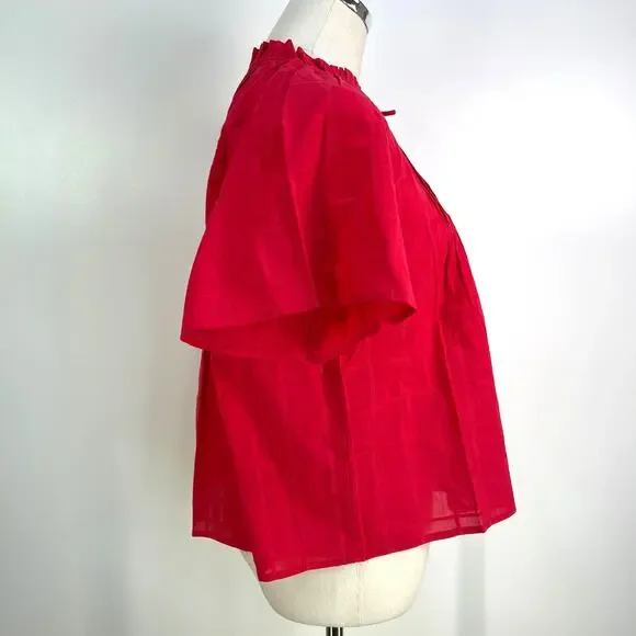 Never A Wallflower Red Peasant Top Red Cotton Windowpane - Picture 4 of 6